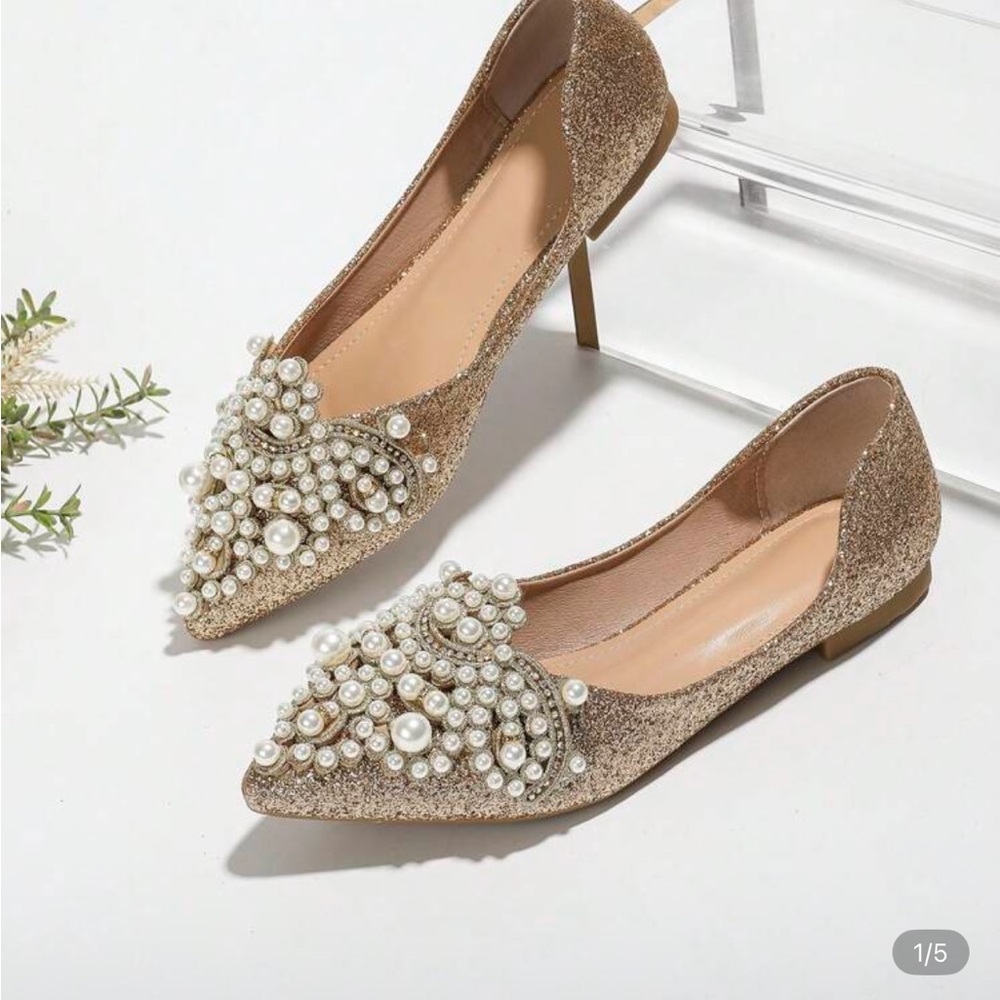 SHEIN Glittering Gold Flats with Pearl Accents